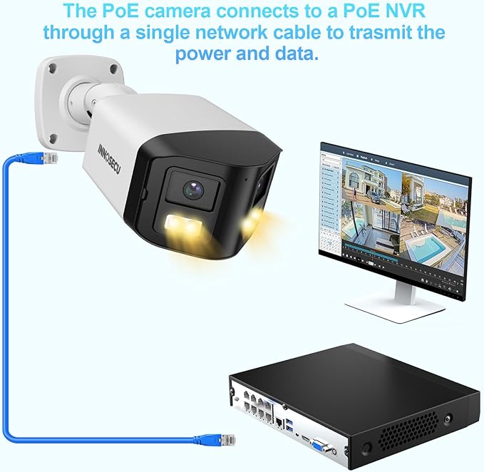 8MP Dual Lens IP PoE Camera, 2X 4MP Security Bullet Surveillance Camera with 180° Angle View, Waterproof IP67, Light Color Night Vision, Two-Way Audio, Human/Vehicle Detection, INB8CD58A