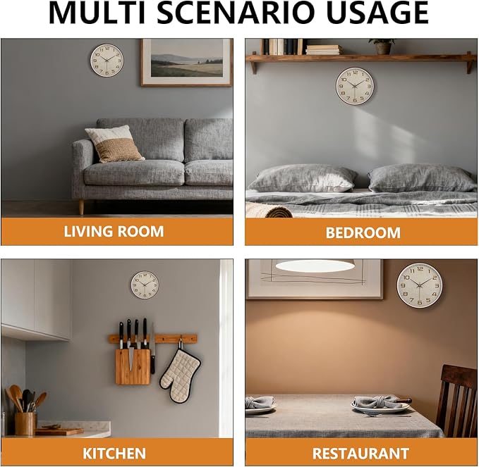 Woodgrain Wall Clocks Battery Operated 12 Inch with Linen Texture Face, Large Number Silent Digital Wall Clock, Non Ticking Analog Clock for Bedroom Living Room Bathroom Kitchen Office,Brown