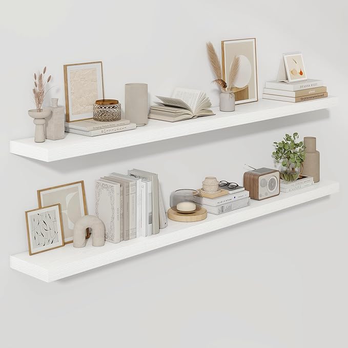 Fun Memories 72 Inch Floating Shelves for Wall, Fireplace Mantel Shelf with Invisible Heavy Duty Bracket, 8 Inch Deep Storage Shelf for Living Room, Kitchen, Farmhouse, White (2-Pack)
