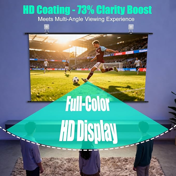 110 inch Projector Screen, XIAOHUI Portable Movie Projector Screen for Outdoor Indoor with 3 pcs Adhesive Hook, 4K Hanging Projection Screen for Room Wall, No Drilling, Anti-Glare Coating, 16:9 HD