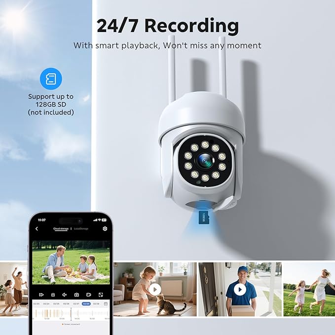 CAMCAMP Outdoor Security Camera Wireless Cameras for Home Security, 2K 360° View Pan/Tilt, Auto Human Tracking, 2.4G& 5G WiFi, Three Night Vision, Two-Way Talk, Indoor, IP66, Support SD Storage (1, W)