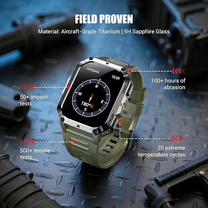 Military Smart Watches for Men，Smart Watch for Android iPhone with Large 2.01"Fitness HD Display/Flashlight/100-Day Battery/Compass/Heart Rate/120+ Sports Modes/IP68 Waterproof Smartwatch （2 Straps)