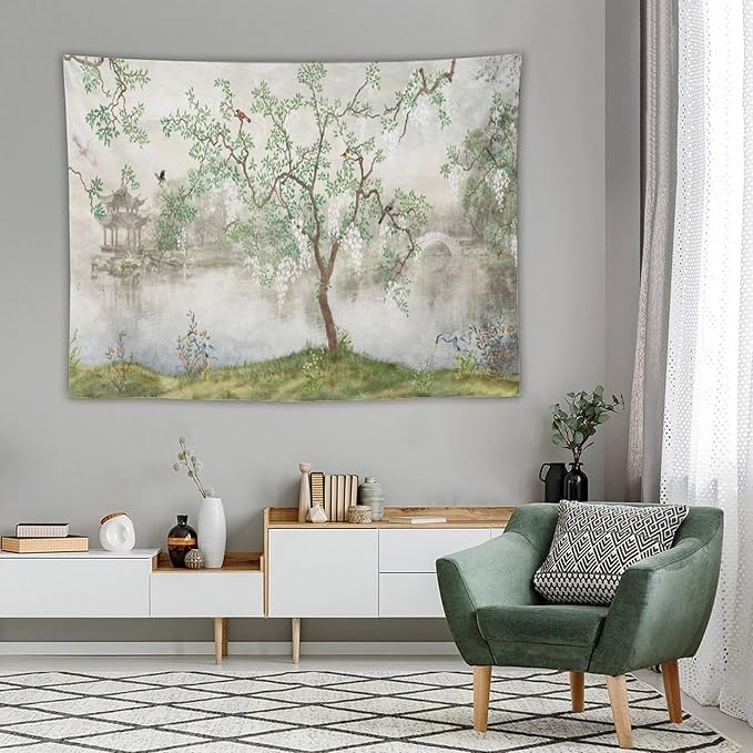 HZOHNAGO Japanese Tapestry Tree Misty Garden Lake Printed Wall Tapestry Ink Painting Wall Hanging for Bedroom Living Room Dorm 80" W x 60" H