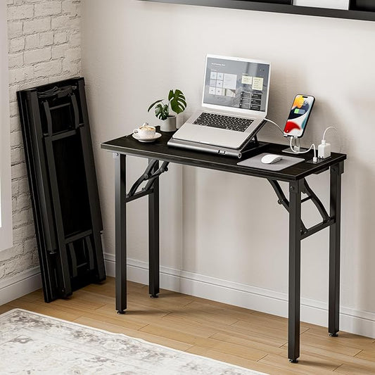 Frylr Small Folding Computer Desk – 35.8 Inch Portable Table for Craft and Study, Lightweight Desk for Small Spaces, Foldable Laptop Table Built-in AC/USB Outlets for Convenience, Dark Oak