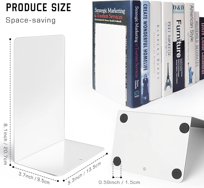 VONDERSO Metal Bookends White, 2 Pairs Metal Bookends Heavy Duty for Shelves Decor Home Office, Unique White Book Ends Supports Anti-Slip for Kids Girls