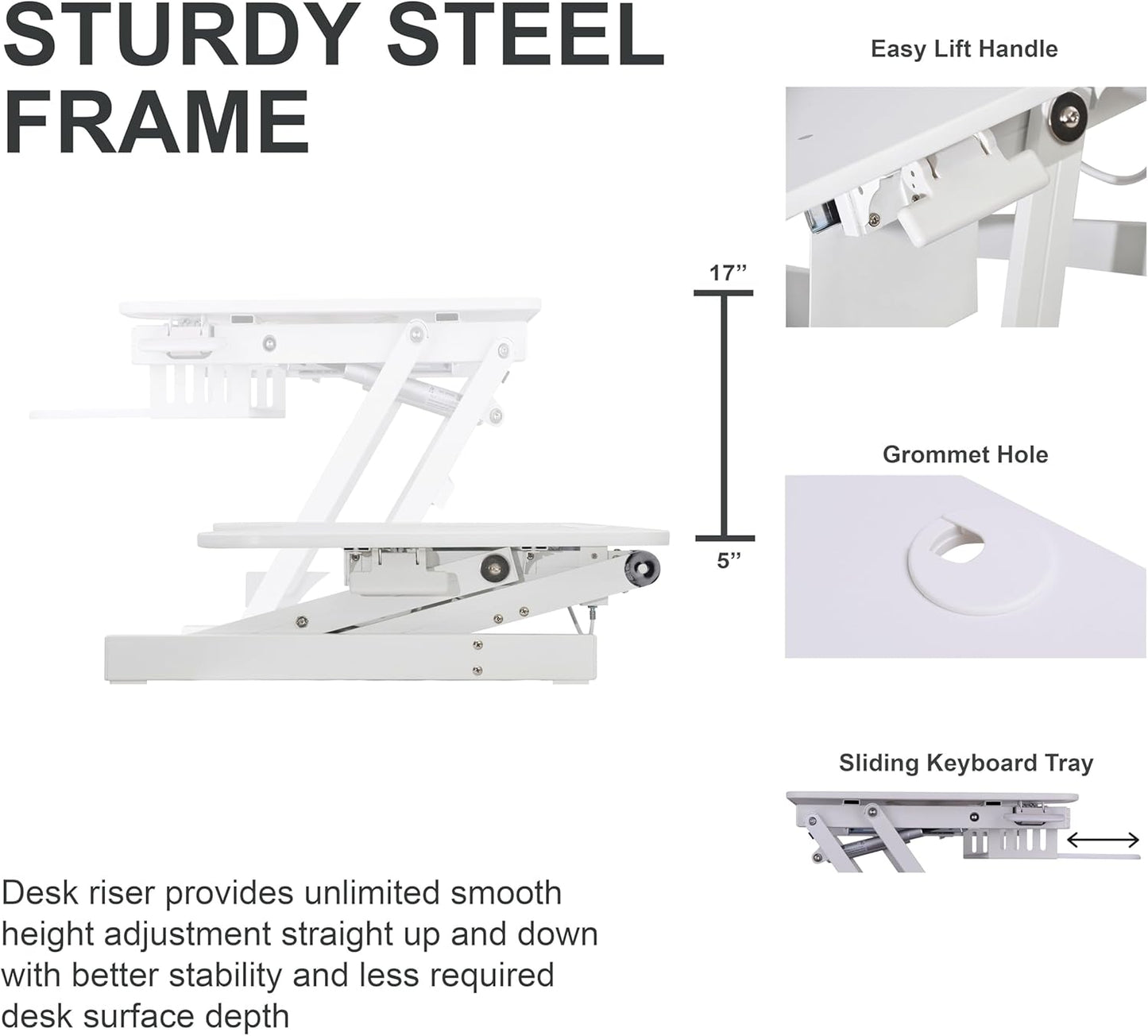 Rocelco 37.5" Height Adjustable Standing Desk Converter with Dual Monitor Mount and Slide Out Retractable Keyboard Tray - Sit Stand Up Double Screen Tabletop Riser Workstation - White (R DADRW-DM2)