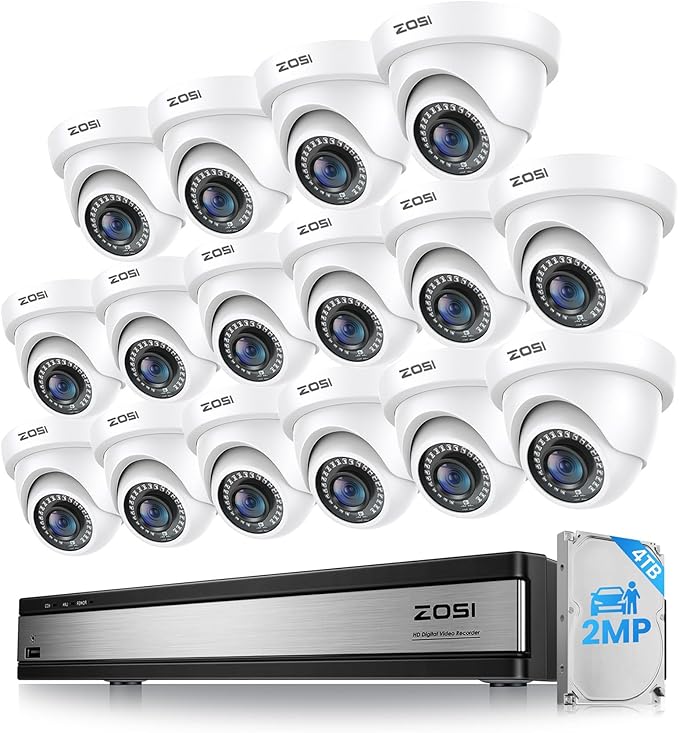 ZOSI H.265+ 16 Channel Security Camera System with AI Human Vehicle Detect, 16CH Surveillance DVR and 8 x 1080p CCTV Weatherproof Dome Camera Outdoor, 80ft Night Vision, 105°Wide Angle, 4TB Hard Drive