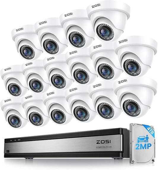 ZOSI H.265+ 16 Channel Security Camera System with AI Human Vehicle Detect, 16CH Surveillance DVR and 8 x 1080p CCTV Weatherproof Dome Camera Outdoor, 80ft Night Vision, 105°Wide Angle, 4TB Hard Drive