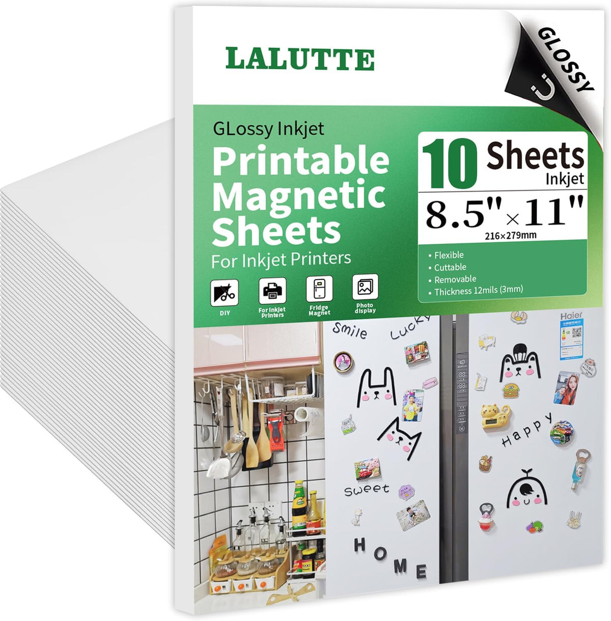 10Pcs Printable Magnetic Sheets 8.5x11 Inches for Inkjet Printers, Glossy White Magnetic Print Paper, 12mil Thickness, Flexible Magnet Photo Paper for Refrigerator DIY Crafts