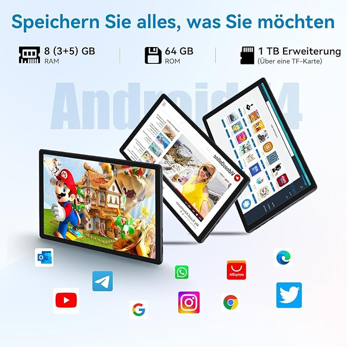 Tablet 10 Inch, Android 14 Tablet PC, 8GB RAM+64GB ROM (1TB TF), Octa-Core 2.0 GHz, WiFi 6, Bluetooth 5.0, Widevine L1, 5MP+8MP, 5000mAh,Type-C, Black