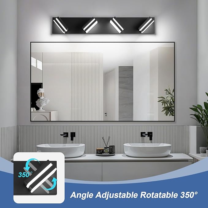 Modern LED Bathroom Lights Fixtures(4-Light),Metal Black Acrylic Wall Lighting,Vanity Lights for Bathroom Over Mirror(6000k 27in)