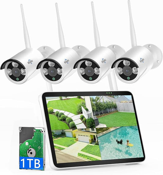 Hiseeu 4K Security Camera System, 24/7 Recording, 10.1" Touch Screen LCD 8MP Monitor, Wired Plug-in Powered 4Pcs 8MP Outdoor Cameras, Two-Way Audio, Color Night Vision, Motion Detection, 1TB HDD, IP66