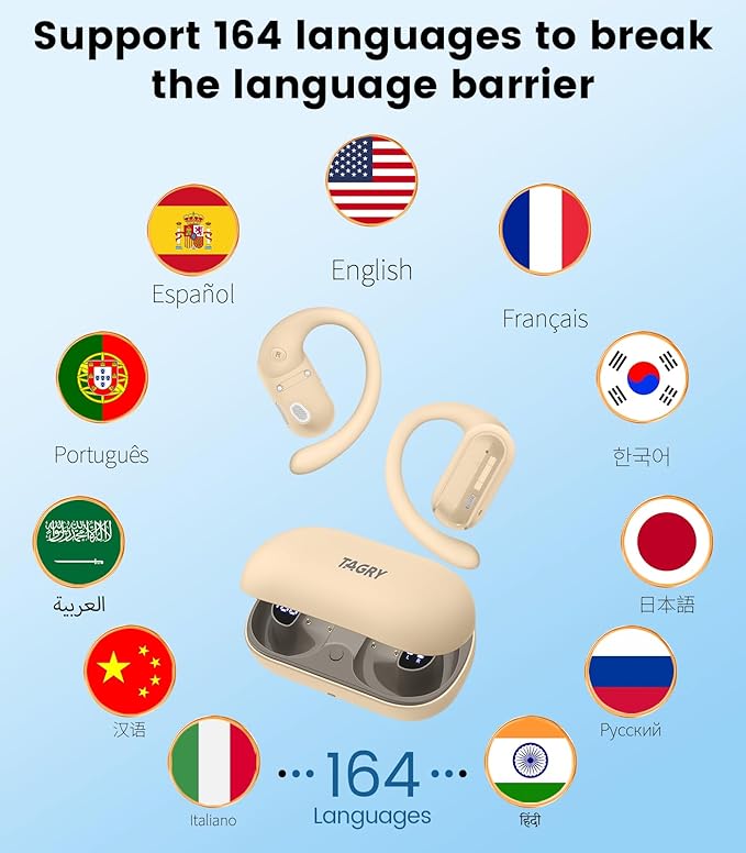 AI Translation Earbuds Real Time 164 Languages Translator Ear Buds Audifonos Traductores Inglés Español 4-in-1 Wireless Headphones Bluetooth Earphones for Travel Business Meeting Learning Caramel
