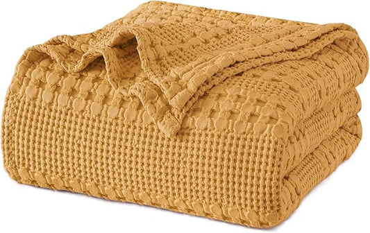 PHF 100% Cotton Waffle Weave Blanket King Size, Soft Lightweight Breathable Cozy Summer Blankets for Bed, Luxury Aesthetic Woven Bedding for Home Decor, 108"x90", Ginger/Honey Yellow