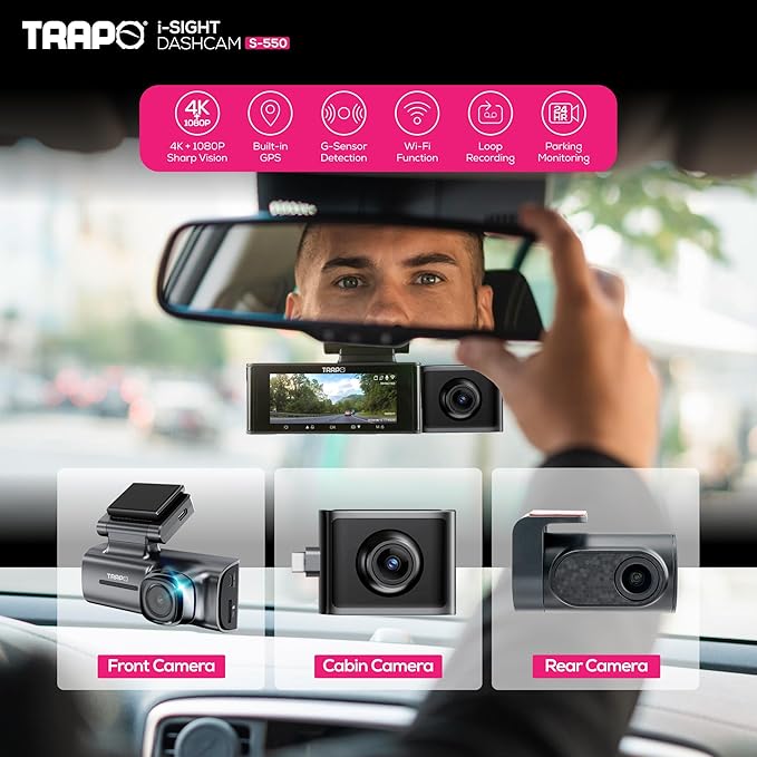 i-Sight S550 – Dash Cam Front and Rear Plus Cabin for Cars. Dash Camera for Cars with 60fps, 4K Dashcam, Built-in GPS, Wi-Fi, Lane Departure Alert, Parking Mode & G-Sensor