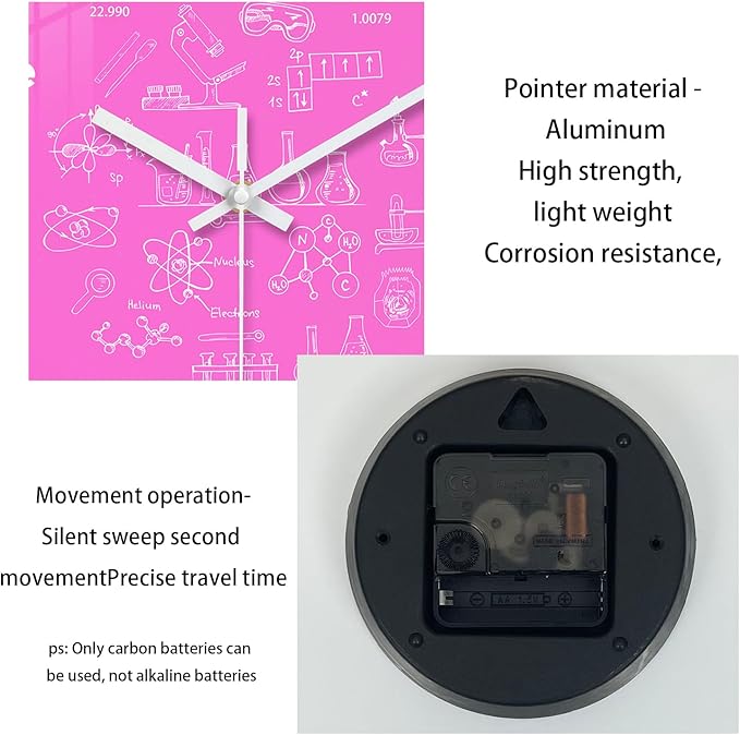 XNM Pink Chemical Clock for Girls Bedroom Wall Clocks Battery Operated Round Glass Analog Science 12 Inch Silent Wall Clock