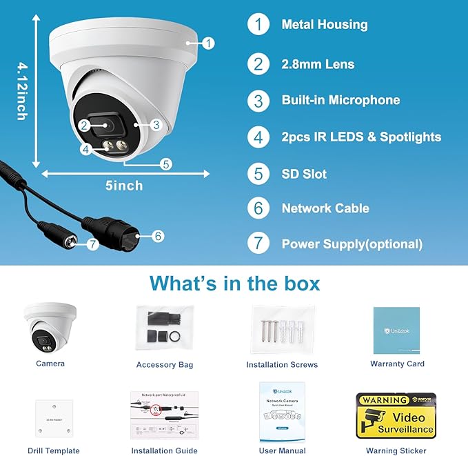 UNILOOK 5MP Turret PoE Camera for Business Security IP Camera Outdoor, Human & Vehicle Detection, Smart Color Night Vision 100ft, 512GB SD Slot, Built-in Mic, IP66, Fuall Metal, NDAA Compliant