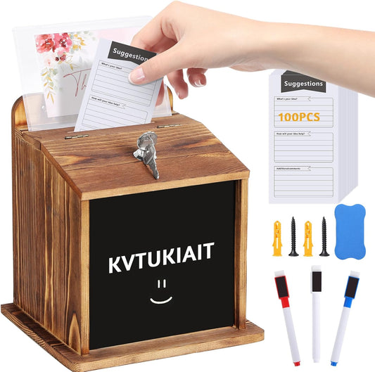 Suggestion Box with Slot Lock with 100 Suggestion Cards - Ballot, Donation, Comment Drop Box for Church, Office, Wedding - Wall Mount/Countertop