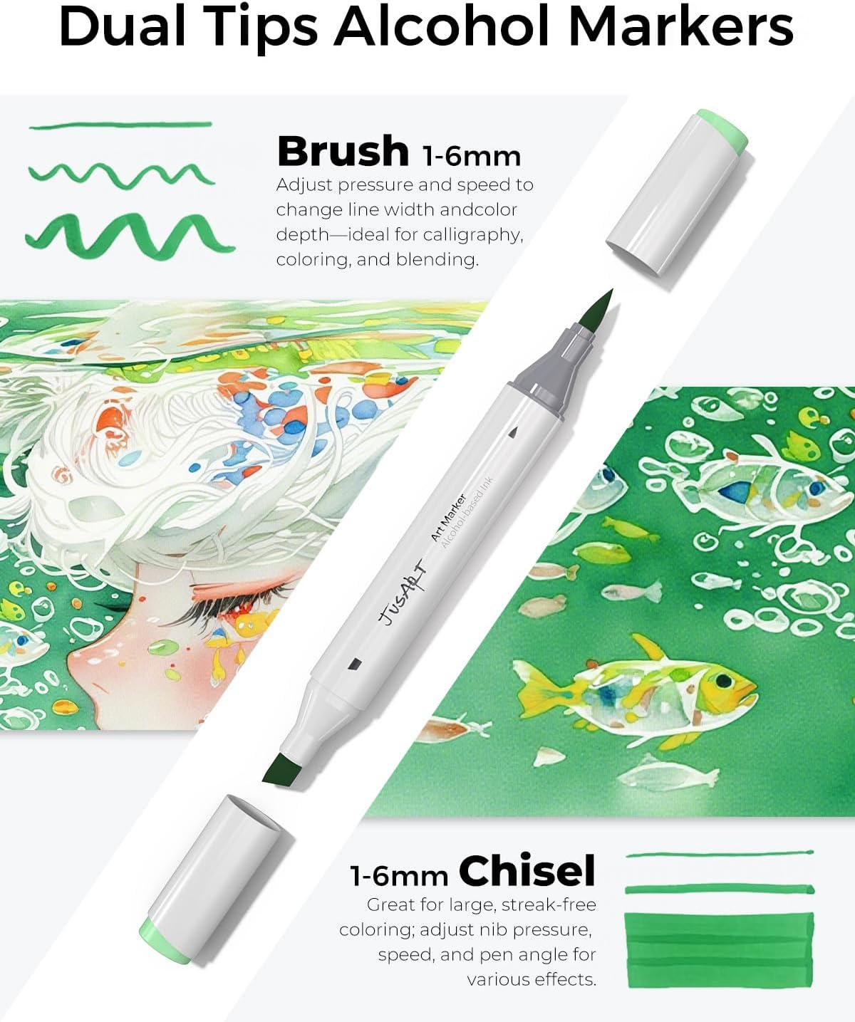 JusArt Alcohol Brush Markers, 72 Colors Dual Tip Art Markers with Brush & Chisel, Alcohol Based Marker Set for Adult Coloring Books, Drawing, Illustration, Sketching, No Bleed Ink Art Supplies