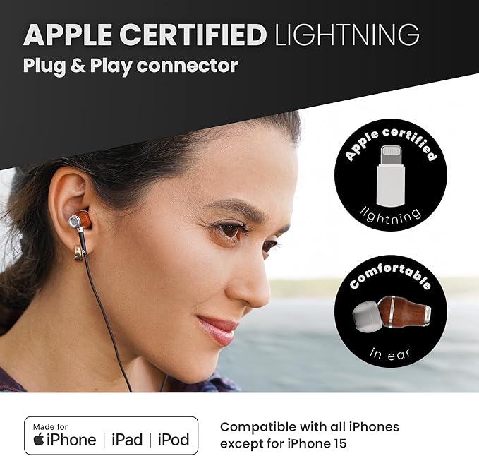 Symphonized iPhone Earphones Wired Deep Bass Sound, 3D Sound, Microphone Volume Control, 90% Noise Cancelling, Bubinga Wooden with Lightning (Apple MFI Certified), iPhone SE to 14 Earbuds (White)
