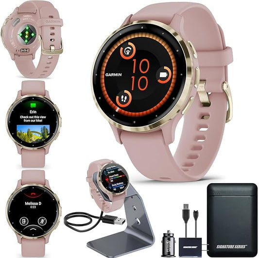 Garmin Venu 3S Running GPS Smartwatch with AMOLED Display, Advanced Health, Fitness Features, Up to 14 Day Battery Life with Signature Power Bundle | Soft Gold with Dust Rose Silicone Band