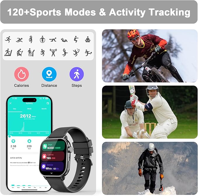 Smart Watch for Men Women, 1.85'' AMOLED HD Fitness Watch with 120+ Sports Modes, Bluetooth Call/Heart Rate/Sleep Monitor/Pedometer, Smartwatch for Android iOS, IP68 Waterproof, Black