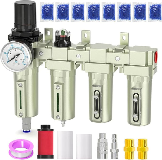 Industrial Grade 4-Stage Air Drying System, 1/2" NPT with Auto Drain, desiccant dryer, air regulator, Particulate Filter and Coalescing Filter for for Paint Sprayï¼ Plasma Cutter