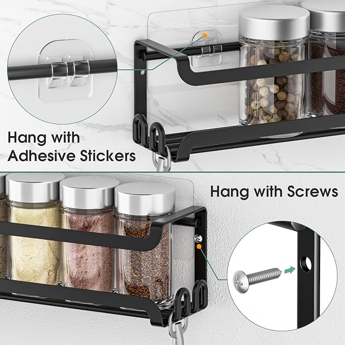 LUCYCAZ 6 Pack Wall Mounted Spice Rack with 22 Hooks, Spice Organizer Shelf for Stove Cabinet Pantry Door,Screw or Adhesive Spice Shelf Hanging Wall Spice Rack in Kitchen and RV (Black, 6 PACK)