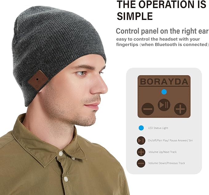 Merino Bluetooth Beanie, Bluetooth 5.2 Wool Hat HD Stereo,30 Hours Play time,Built-in Microphone, Men's/Women's Christmas Electronic Gift (Charcoal)