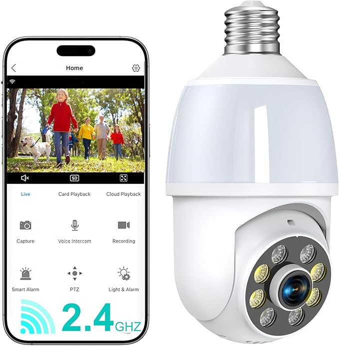 52HZ 2K Light Bulb Security Camera, 5G&2.4GHZ WiFi Lightbulb Security Cameras Wireless Outdoor Indoor, Two-Way Talk, Human Detection, Color Night Vision, Light Socket Security Camera Work with Alexa