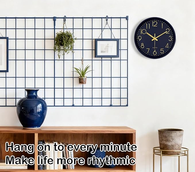 Modern Silent Wall Clock, 12 Inch Wall Clocks Battery Operated Large Number, Non-Ticking Analog Clock with Tempered Glass Quartz Clocks for Living Room Bedroom Office Kitchen, Navy Blue