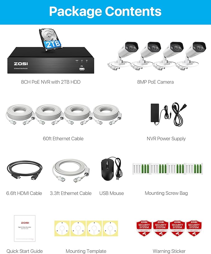 ZOSI 4K PoE Security Camera System,Person Vehicle Detection,8 Port 16CH 8MP NVR with 2TB HDD,4pcs 4K Outdoor Indoor PoE IP Cameras,2 Way Audio,Spotlight Siren,Color Night Vision,for 24/7 Recording