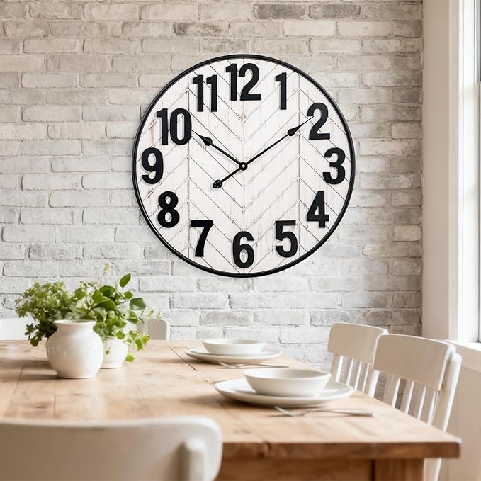 30 Inch Large Wall Clock, Oversized Wood Farmhouse Wall Clock with Metal Frame, Battery Operated Non-Ticking Silent Wall Clocks for Living Room, Kitchen, Bedroom Decor (Whitewashed)