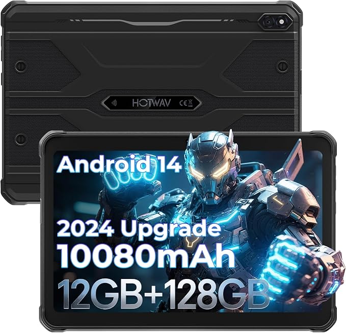 HOTWAV R8 Rugged Tablet 2024 Android 14, 10.1 inch HD+ Waterproof Tablet, 12GB+128GB/1TB TF 10800mAh, 13MP+5MP Camera Outdoor Tablets, Unisoc T606/Octa-Core/4G Dual SIM/5G WiFi/IP68&IP69K/Face ID/OTG