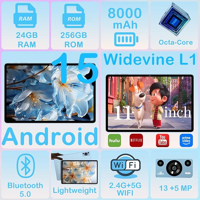 11 Inch Tablet, 2025 Android 15 Tablets with Octa Core, 24GB+256GB, 13+5MP Camera, Electronics Tablets with Widevine L1, 8000mAh Battery, 5G WiFi, GPS, HD IPS Display, 1TB Expand, BT 5.0 -Metal Blue
