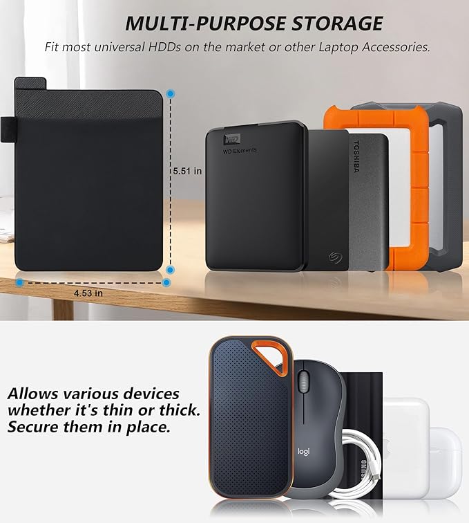 Lacdo Portable External Hard Drive Sleeve for Laptop, Stick on Pouch Holder with Reusable Adhesive, Fit 2.5" Seagate, WD, Toshiba, LaCie External HDD, SSD, Wireless Mouse, Cables, with Pen Loop, Black