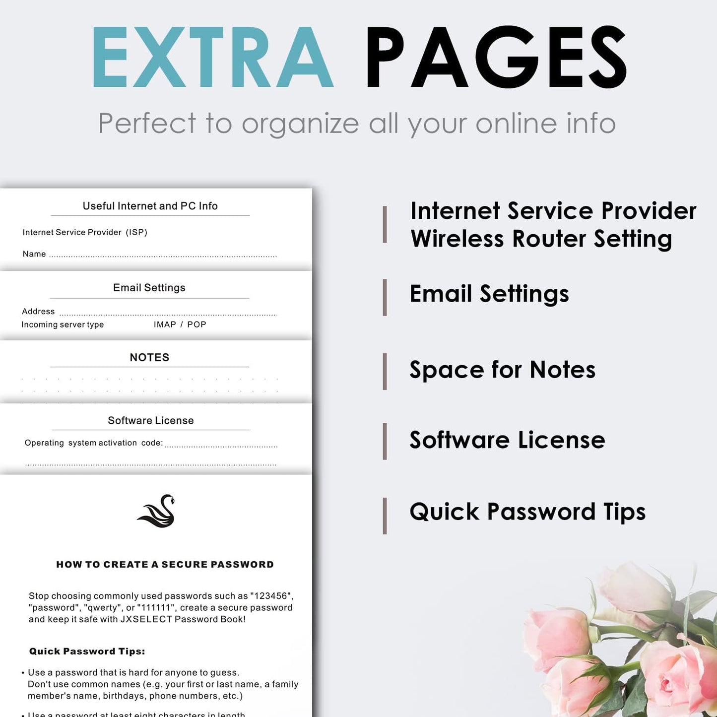 Elegant Password Book with Alphabetical Tabs - Hardcover Password Book for Internet Website Address Login - 7" x 10" Password Keeper and Organizer w/Notes Section & Back Pocket (Turquoise)