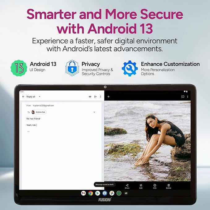 Fusion5 10.1" Android Tablet with Keyboard - Octa-core CPU, Android 13, 8GB RAM 128GB Storage, Full HD, 10 Inch, Touchscreen, Dual-Band WiFi, Dual Cameras, USB Type C, Fast Charging, Slim & Stylish