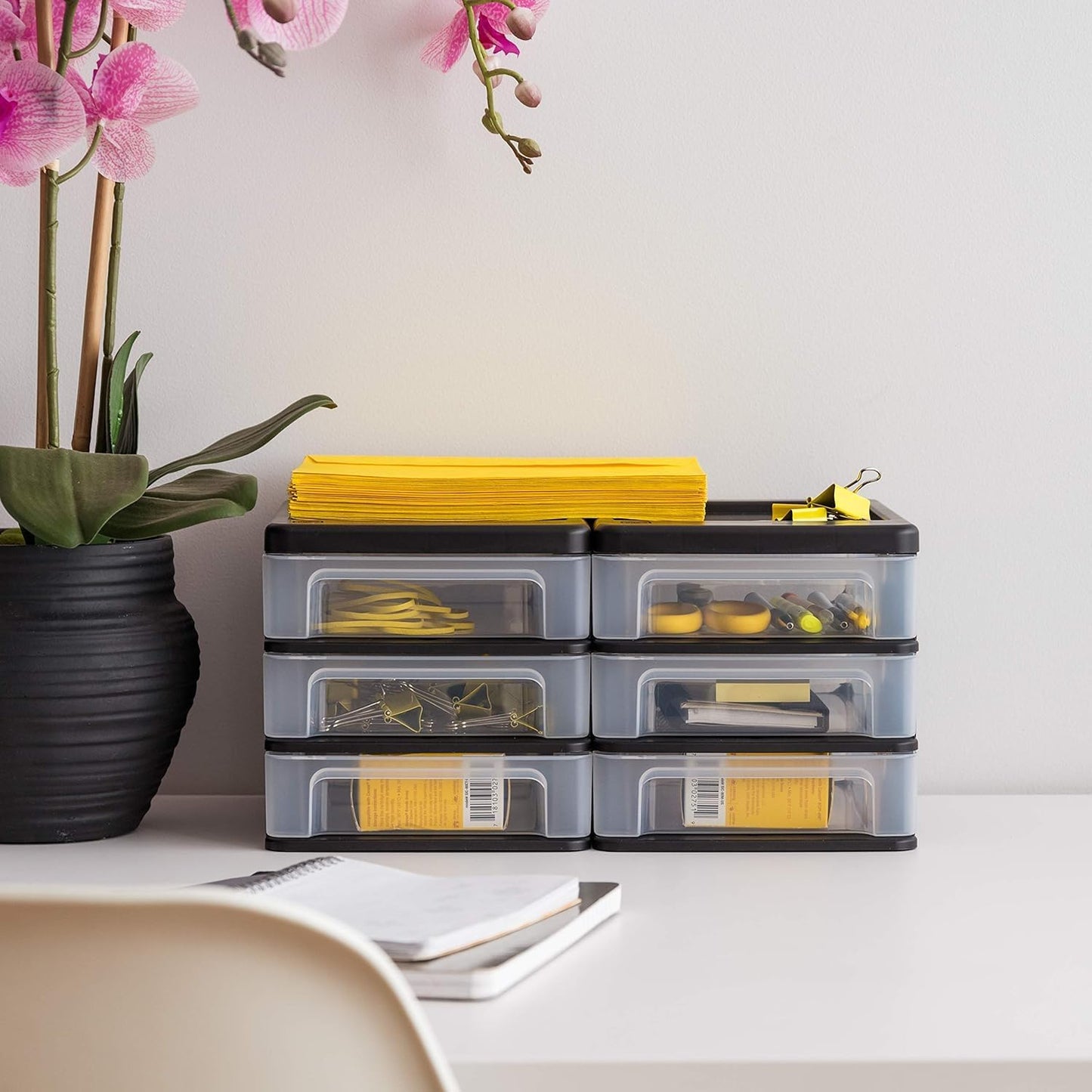 IRIS USA Plastic Stacking Desk Top 3-Drawer Storage Organizer, 2-Pack, for Makeup Vanity Nail Polish Bathroom Stationery Art Craft Supplies Kitchen Office Garage and Small Organization, Small, Black
