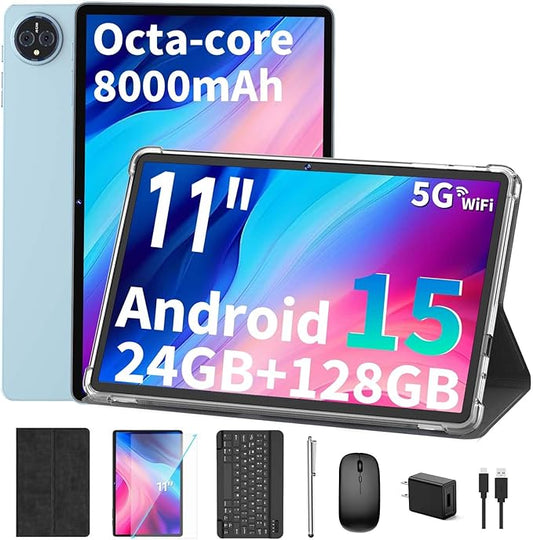 2026 11 inch Tablet, Android 15 Tablet with Keyboard, 24GB RAM+128GB ROM(2TB Expand), 8000mAh, Gemini AI, 2.4G/5G WiFi, BT5.0, GMS, Octa-core, 2 in 1 Tablets with Case, Mouse, Stylus(Black Case)