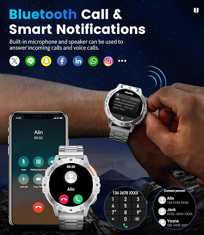 LIGE Military Smart Watches for Men(Answer/Make Calls) with LED Flashlight,530mAh Large Battery,1.43" AMOLED Outdoor Sports Smartwatch with 170+ Sport Modes,Fitness Tracker for iOS Android,Sliver
