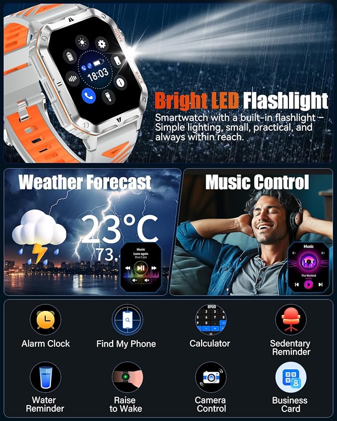 Military Smart Watch for Men, 2.01'' Fitness Tracker with 1200mAh Long Battery Life, Bluetooth Calls, Flashlight, IP68 Waterproof, Heart Rate/Sleep Tracking, 100+ Sports Modes for Android iPhone