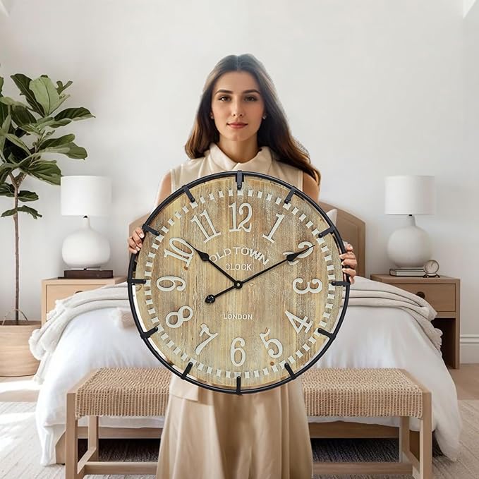 24 Inch Large Farmhouse Wall Clock - Rustic Antique Wood, Silent Battery Operated Clock for Office Kitchen Bedroom Living Room