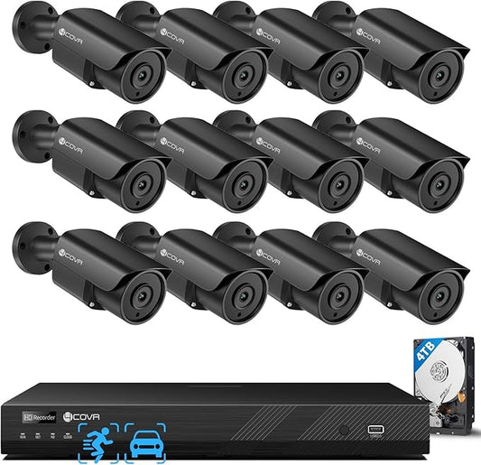4COVR 16 Channel Security Camera System,AI Human/Vehicle Detection Night Vision, 16CH 8MP NVR 4TB HDD,12Pcs 5MP Wired Commercial Bullet PoE IP Camera IP67, Business Surveillance Outdoor, LY37EB5M1612