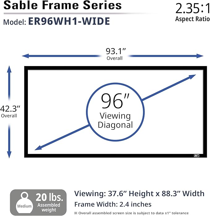 Elite Screens Sable Frame, 96-inch 2.35:1 Diagonal, Active 3D 4K Ultra HD ReadyFixed Frame Home Theater Projection Projector Screen, ER96WH1-Wide