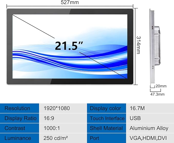 GrenTouch 21.5 Inch 10 Points Touch Screen LCD Monitor Aluminum Case - Embedded Touchscreen Monitor for Industrial, Medical, Retail