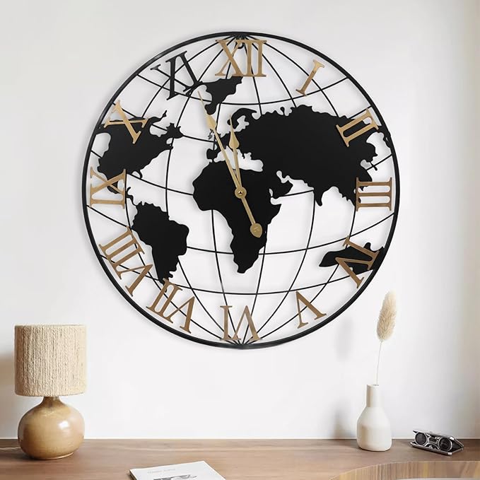 Gugxiom 24 Inch Large World Map Wall Clock Battery Operated, Roman Numeral Wall Clock, Metal Minimalist Modern Clock, for Office Kitchen Bedroom Living Room
