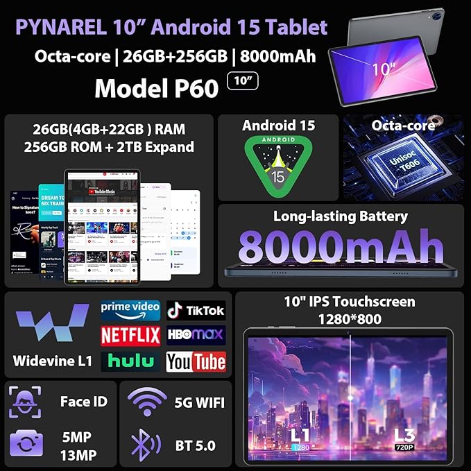 Android 15 Tablet with Keyboard - 26GB+256GB+2TB Expand, Octa-Core, 2.4G/5G Wifi, 8000mAh Battery, Widevine L1, Dual Camera, Face Unlock, 10 Inch 2 in 1 Tablets with Mouse, Stylus (Green Case)