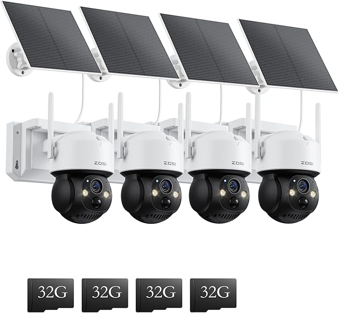 ZOSI C291 4 x 2.5K 4MP Wireless Battery Security Camera Outdoor, Solar Powered Pan/Tilt Camera, 360 View, Human Detect, Auto Track, Color Night Vision, 2-Way Talk, Light Siren Alarm, 32GB Memory Card