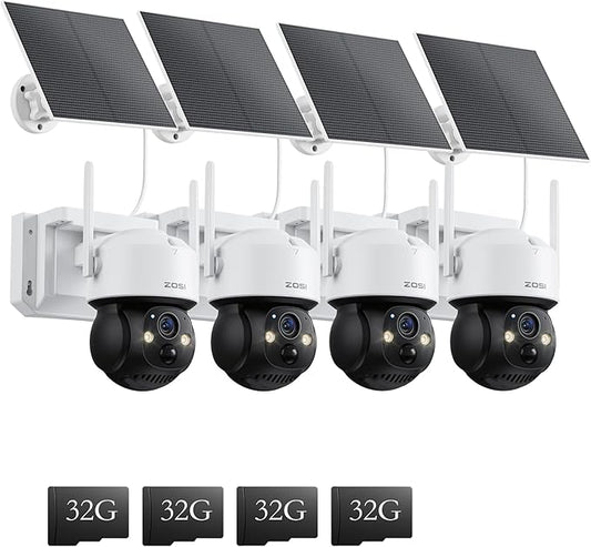 ZOSI C291 4 x 2.5K 4MP Wireless Battery Security Camera Outdoor, Solar Powered Pan/Tilt Camera, 360 View, Human Detect, Auto Track, Color Night Vision, 2-Way Talk, Light Siren Alarm, 32GB Memory Card
